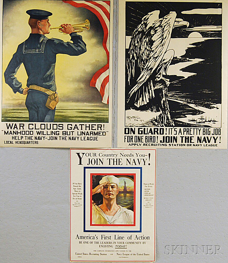 Appraisal: Three U S Navy WWI Lithograph Posters War Clouds Gather