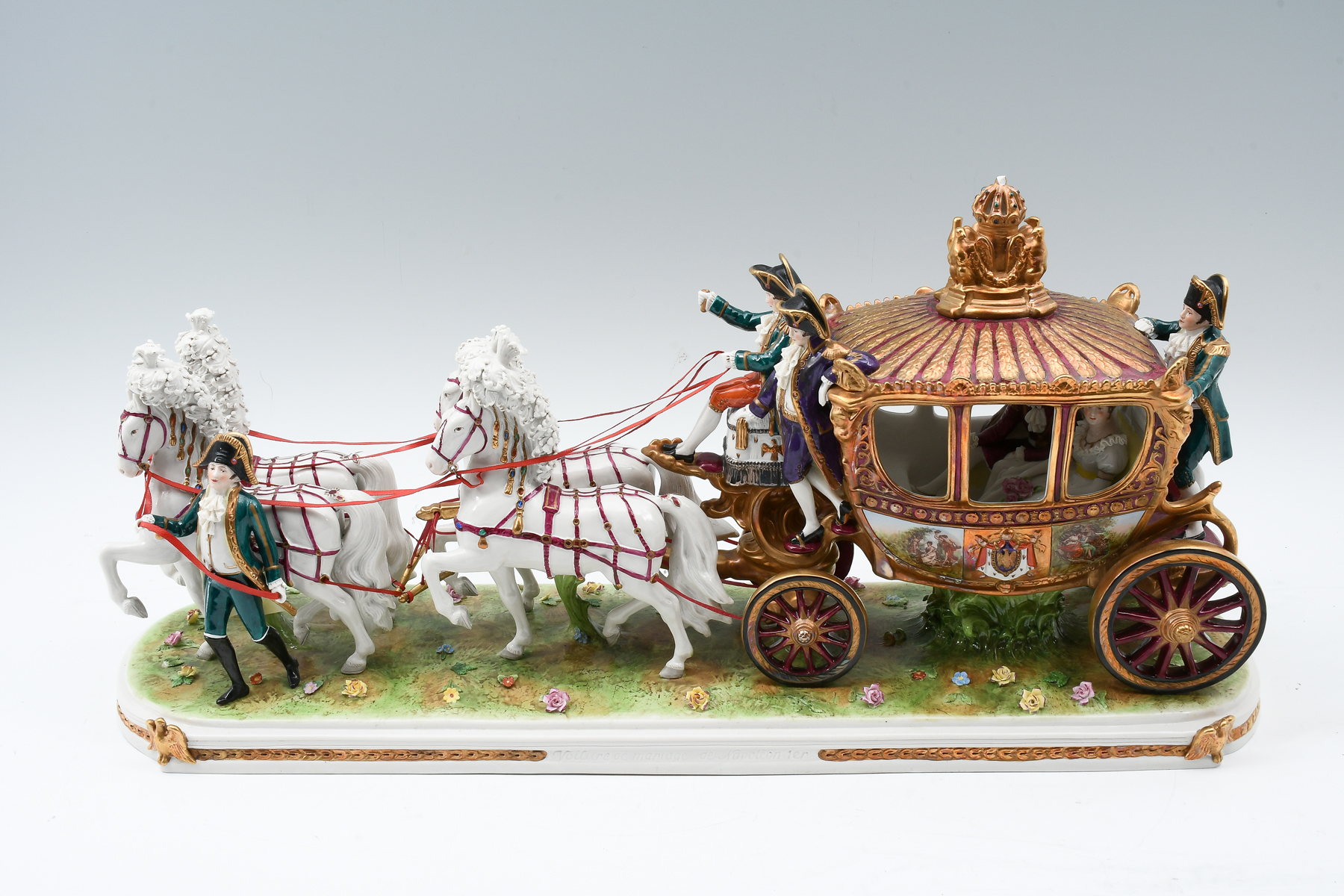 Appraisal: LARGE DRESDEN PORCELAIN HORSE DRAWN CARRIAGE German Sitzendorf porcelain sculpture