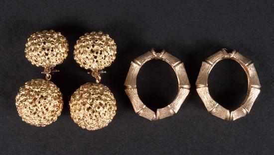 Appraisal: Pair of K gold clip-earrings together with gold hoop clip-earrings