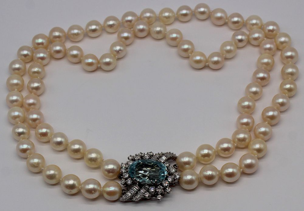 Appraisal: JEWELRY Pearl Aquamarine and Diamond Necklace Double strand pearl necklace