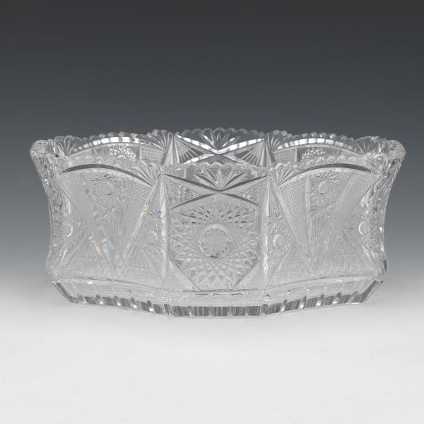 Appraisal: FIGURED BRILLIANT CUT CRYSTAL BOWL CENTERPICE x x Elongated boat