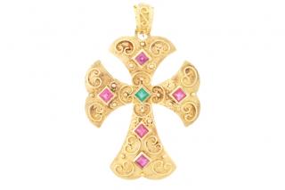 Appraisal: K Yellow Gold Ruby Emerald Cross Pendant A ladies' modern