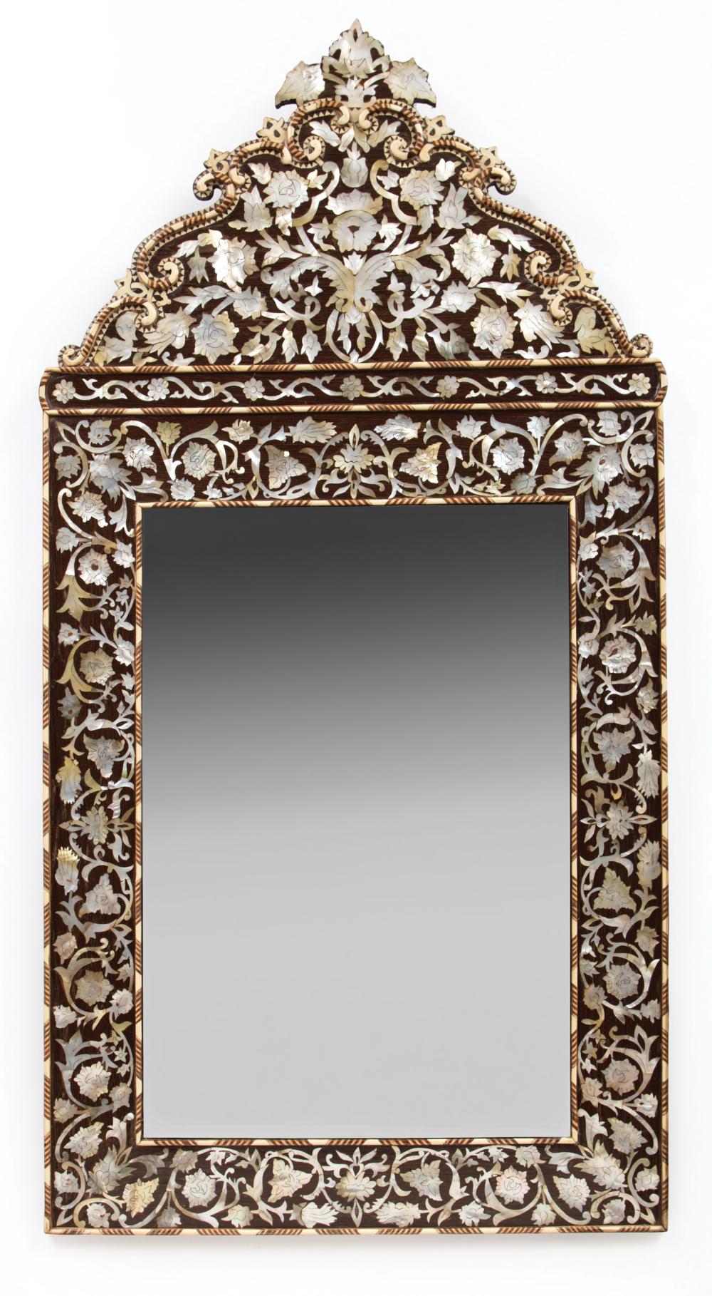 Appraisal: Pair of Antique Moroccan Mother-of-Pearl and Bone-Inlaid Mirrors high crest