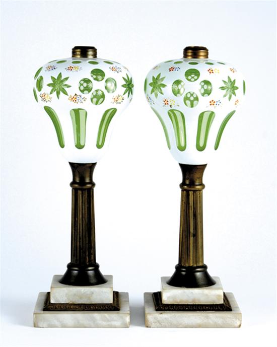 Appraisal: Pair American double-cut overlay glass fluid lamps th century painted