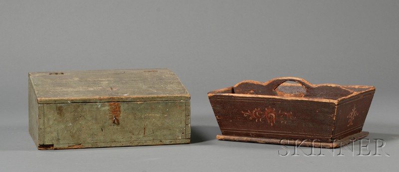 Appraisal: Blue-painted Lift-top Writing Box and a Paint-decorated Knife Box America