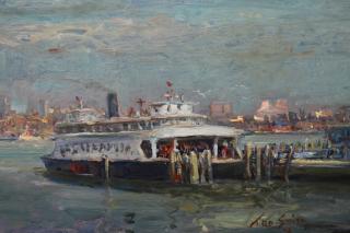 Appraisal: Signed Impressionist Painting of a ferry docked at a canal