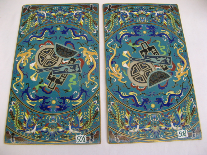 Appraisal: PAIR OF CHINESE CLOISONNE PLAQUES hand enameled flower and bird