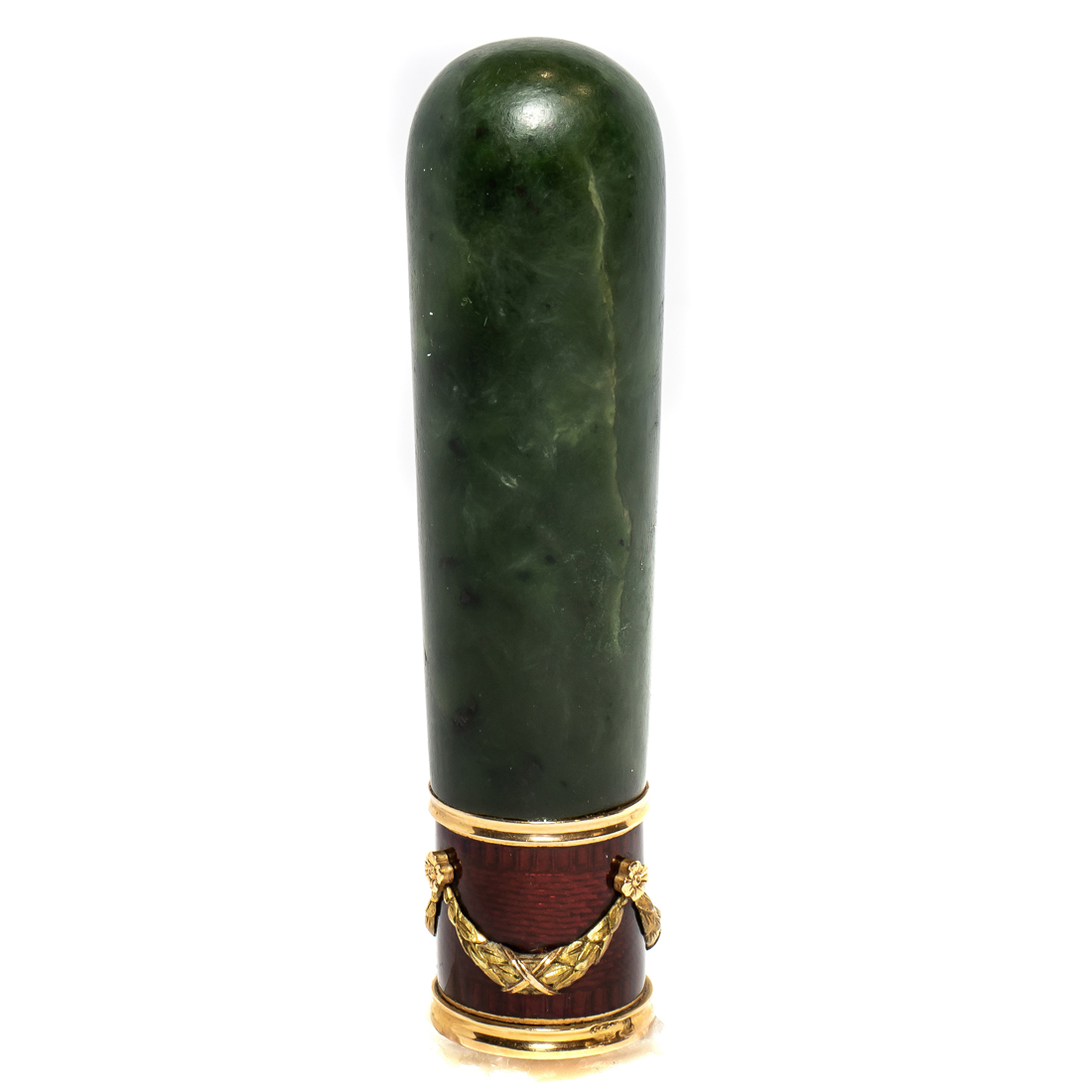 Appraisal: A FABERGE STYLE K ENAMEL SPINACH JADE SEAL A Faberge