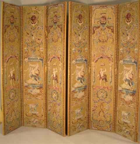 Appraisal: PAIR OF FRENCH THREE-PANELED PAINTED FABRIC SCREENS each panel decorated