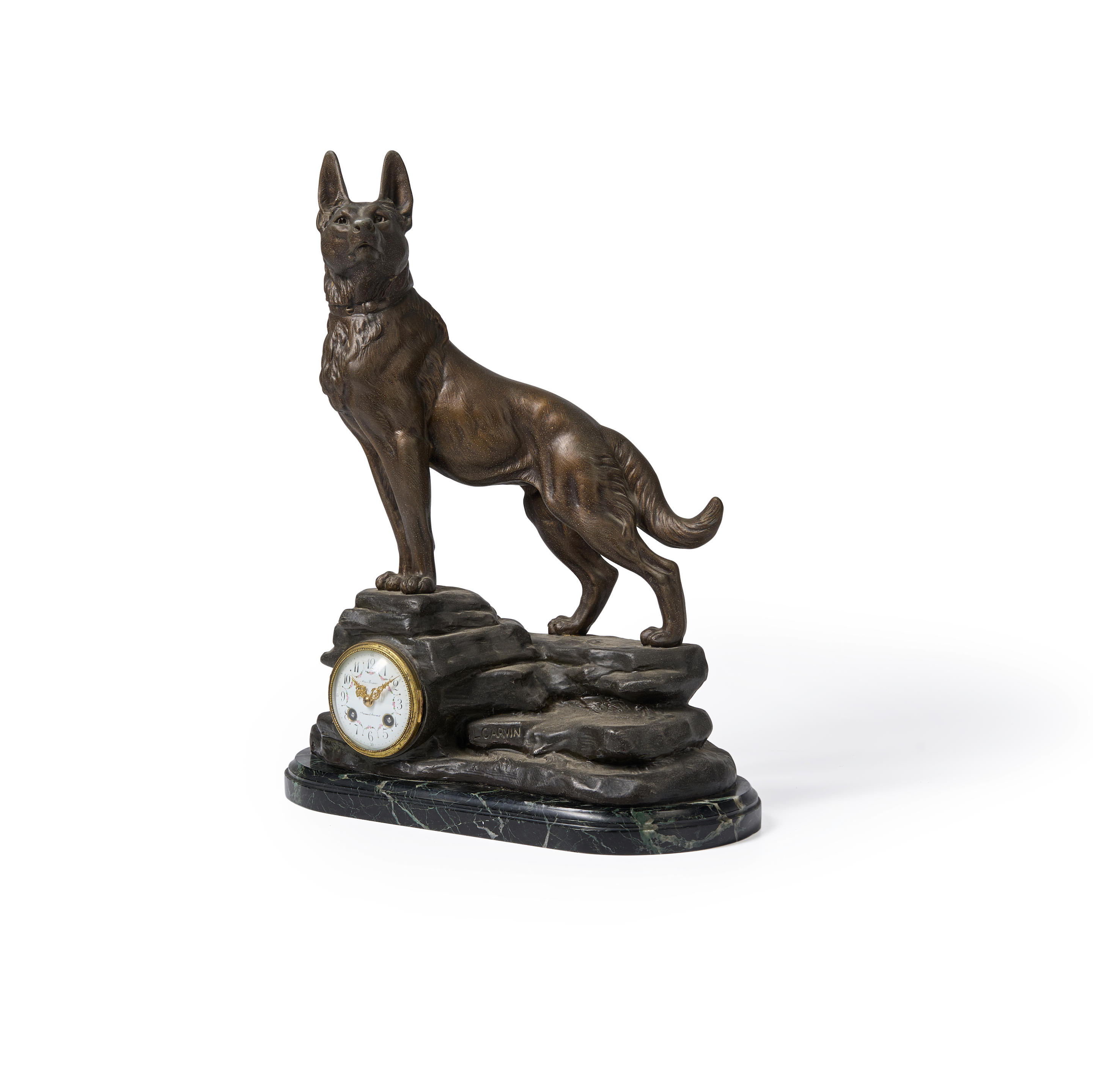 Appraisal: Louis Albert Carvin Bronze Police Dog Mantle Clock the free-standing