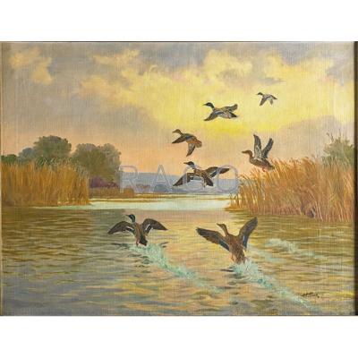 Appraisal: ARTHUR H HIDER Canadian - Oil on canvas of ducks