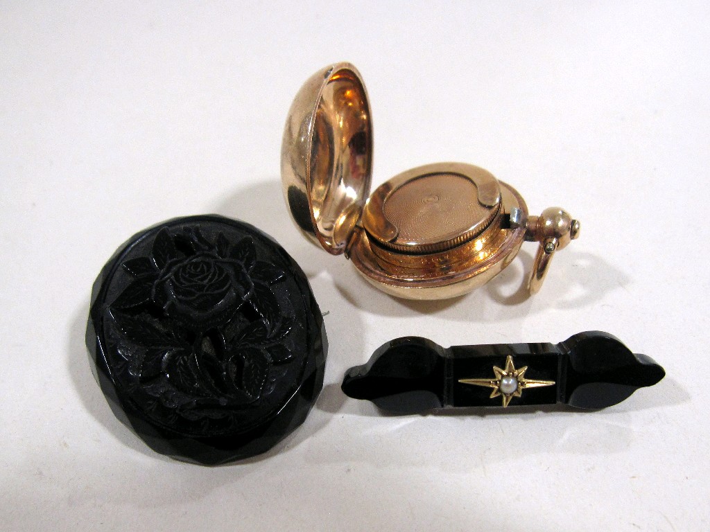 Appraisal: Lot comprising two Victorian jet brooches and a rolled gold