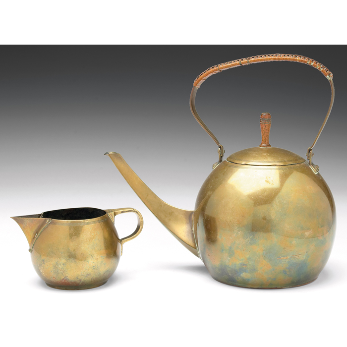 Appraisal: Jan Eisenloeffel teapot and creamer brass round shapes with tooled