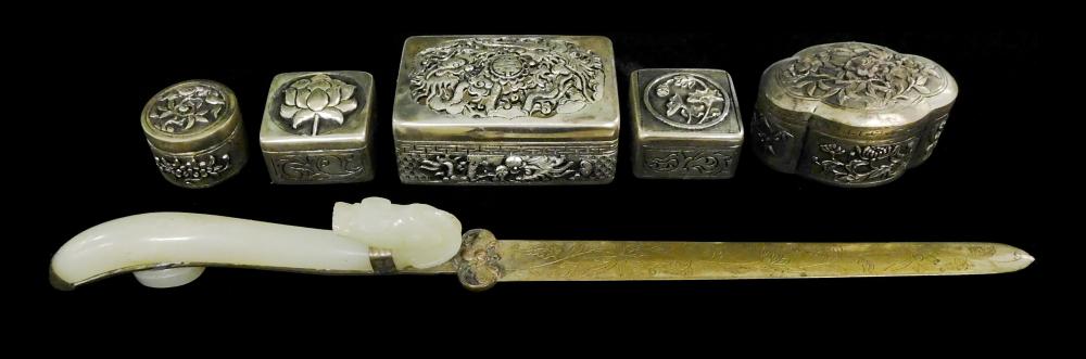 Appraisal: ASIAN Hardstone letter opener and five silver boxes six pieces