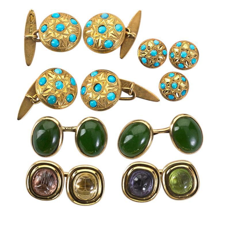 Appraisal: JEWELED GOLD CUFFLINKS AND STUDS Eleven pieces J E Caldwell