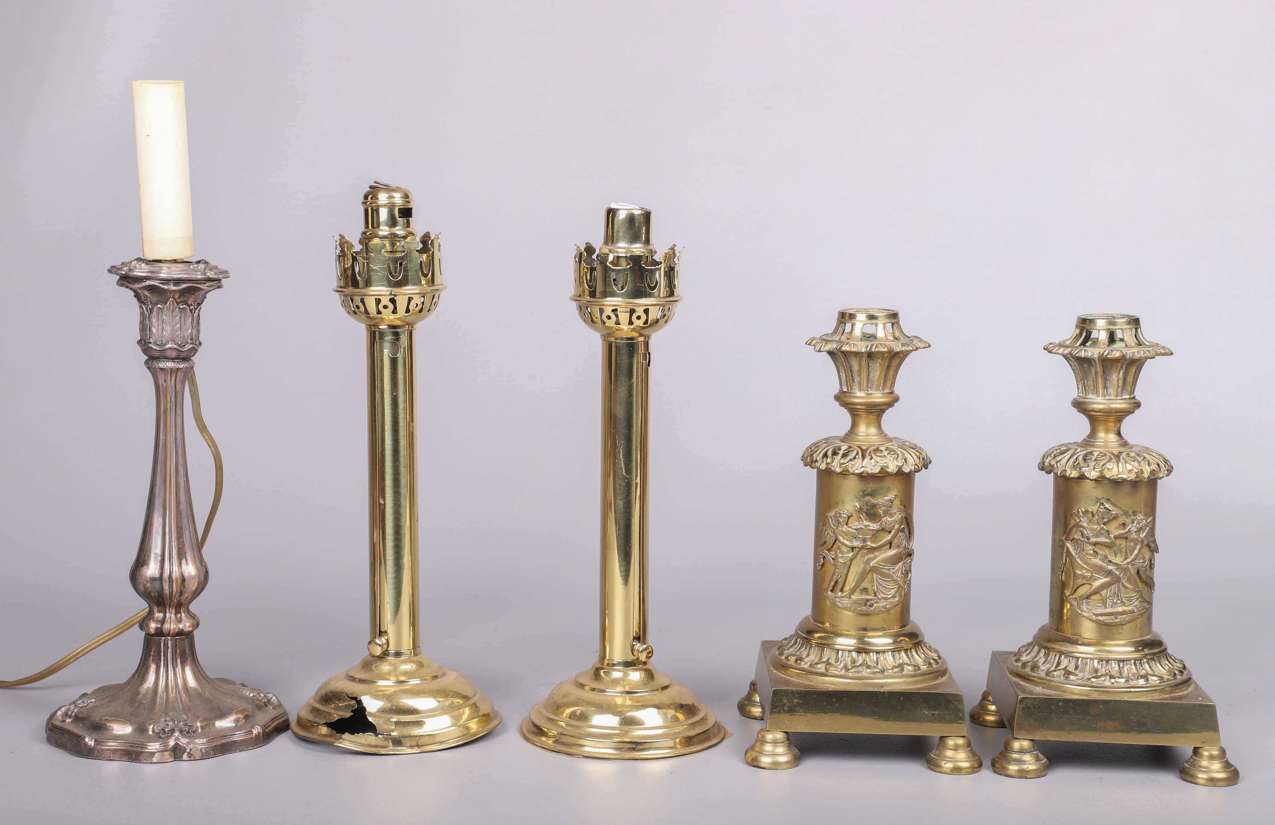 Appraisal: pr brass candlesticks one with applied decorative panels of cherubs