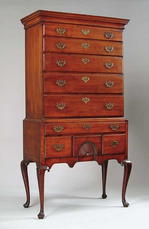 Appraisal: OUTSTANDING QUEEN ANNE TWO PART FAN CARVED HIGHBOY Top section