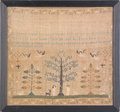 Appraisal: Silk on linen Adam Eve sampler dated wrought by Elizabeth