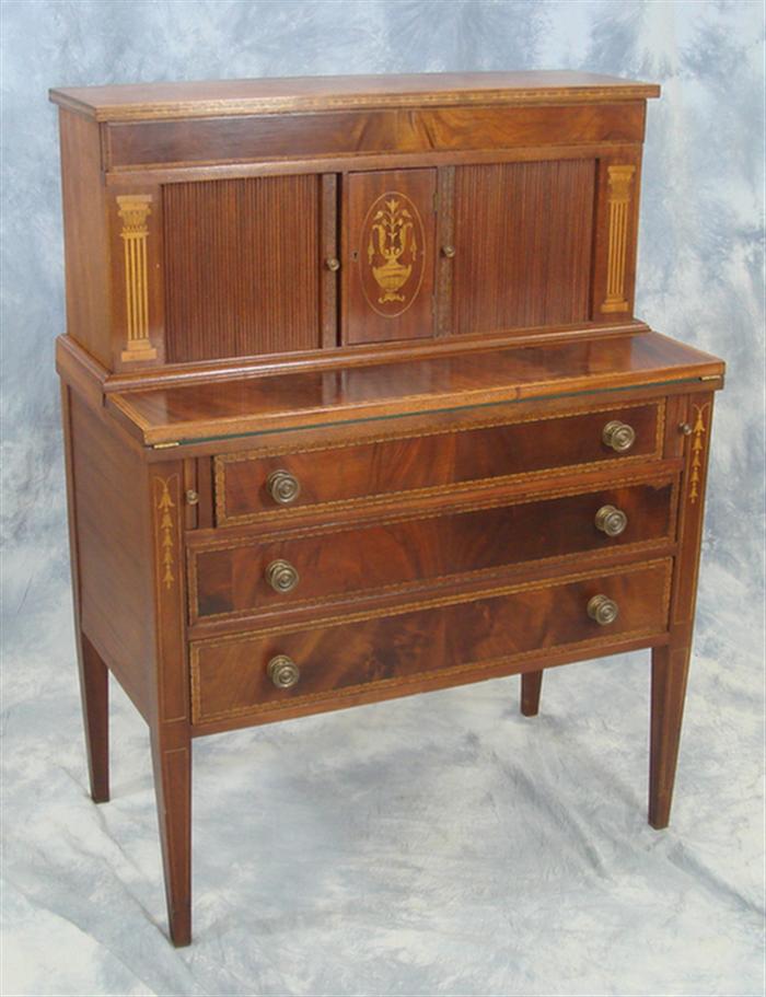 Appraisal: Inlaid mahogany Hepplewhite style tambour desk with column inlay in