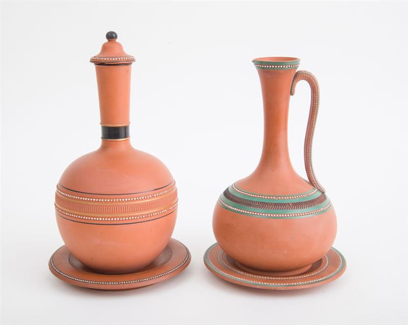 Appraisal: CHRISTOPHER DRESSER ATTRIBUTION Two Watcombe Terracotta Co Torquay terracotta bottles