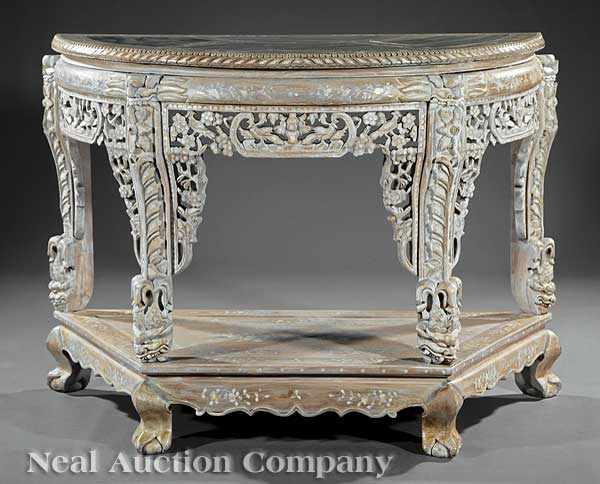 Appraisal: A Pair of Chinese Carved Painted and Mother-of-Pearl Inlaid Consoles