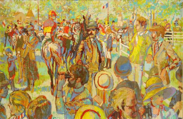 Appraisal: RUSSO E Oil on Masonite Spectators at a HorseRace Signed