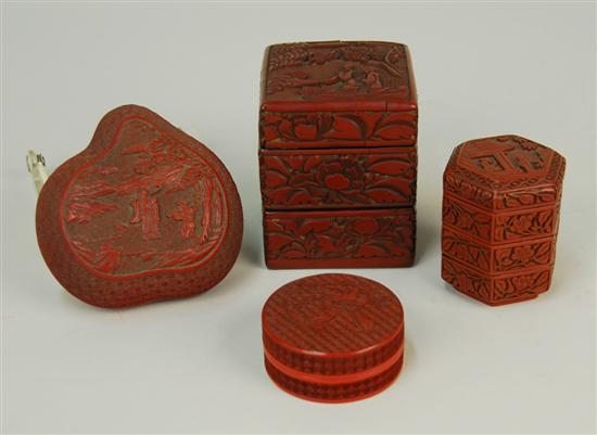 Appraisal: COLLECTION OF FOUR CHINESE CINNABAR LACQUER COVERED BOXES two Ming