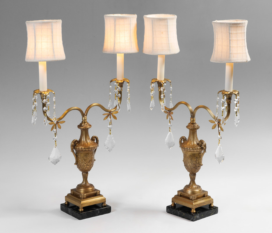 Appraisal: PAIR FREDERICK COOPER CANDELABRA LAMPS Embossed urn form body shaped