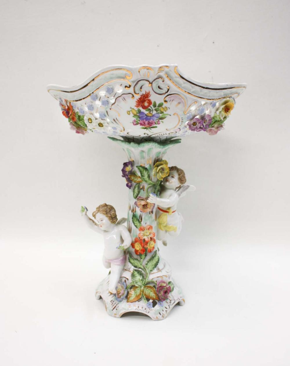 Appraisal: DRESDEN PORCELAIN COMPOTE the reticulated oval bowl with applied flowers