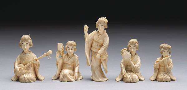 Appraisal: A set of five figural okimono Depicting one standing and