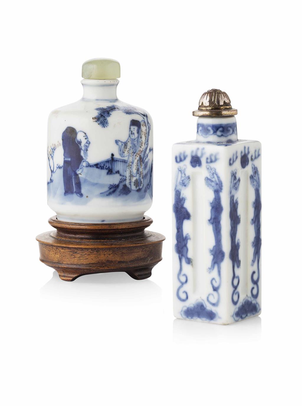 Appraisal: YTWO BLUE AND WHITE SNUFF BOTTLES QING DYNASTY TH CENTURY