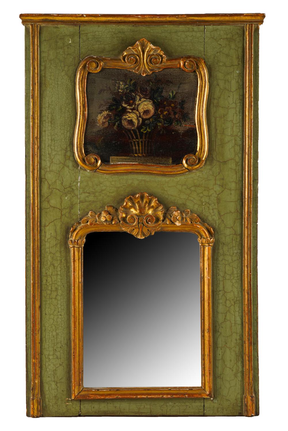 Appraisal: FRENCH GREEN-PAINTED GILT WOOD TRUMEAU MIRRORthe rectangular panel with inset