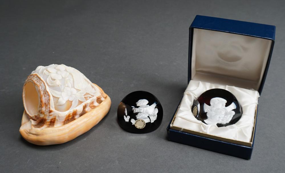 Appraisal: Carved Conch Shell Cameo with Two Baccarat Sulfide Portrait Paperweights