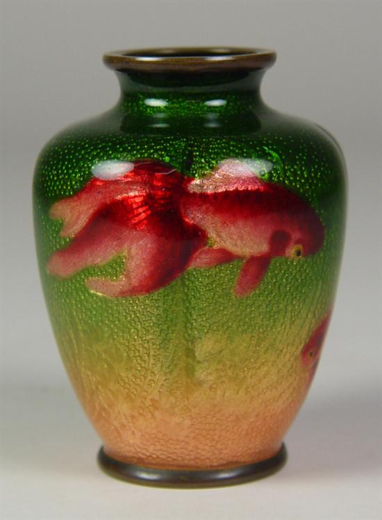 Appraisal: Enameled Vase with Koi Small vase with transparent enameling on