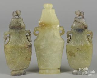 Appraisal: Three Chinese carved jadeite urns '' h two - ''