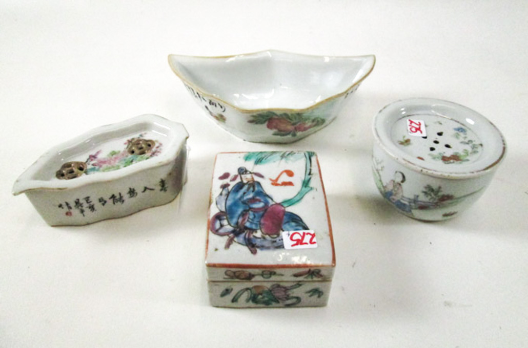 Appraisal: FOUR CHINESE HAND ENAMELED PORCELAINS lidded boxes of various shapes