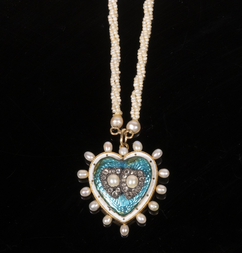 Appraisal: EDWARDIAN HEART PENDANT SEED PEARL CHAIN Pearl and Enamel Heart