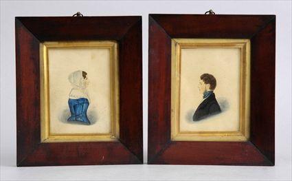 Appraisal: PAIR OF AMERICAN WATERCOLOR HALF-LENGTH PROFILE PORTRAITS A gentleman facing