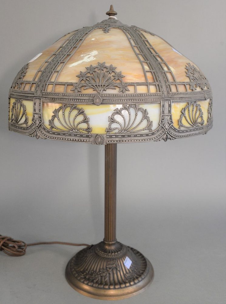 Appraisal: Slag Glass Table Lamp six carmel and green panels height