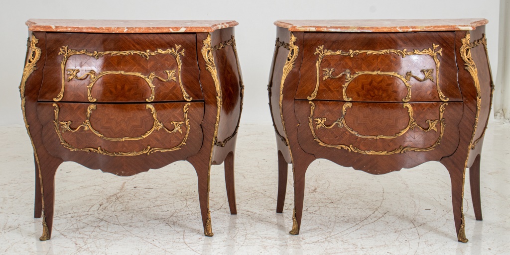 Appraisal: LOUIS XV STYLE PARQUETRY COMMODES PAIR Louis XV style giltmetal-mounted