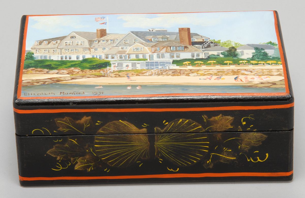 Appraisal: ELIZABETH MUMFORDAmerican ContemporaryHand-painted box depicting the Wianno Club Osterville Outer