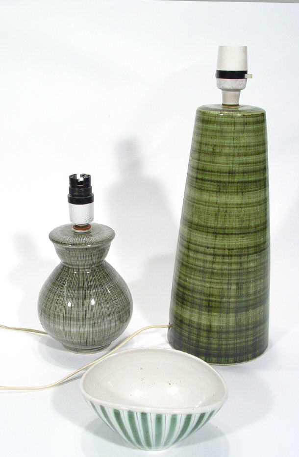 Appraisal: Two Rye Pottery green and brown striped lamp bases and