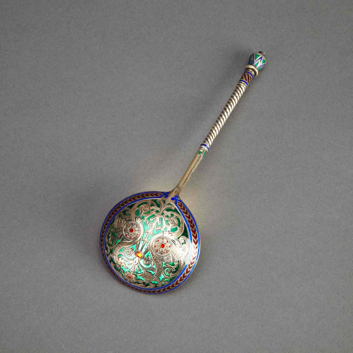 Appraisal: Russian Silver-Gilt and Plique- -Jour Enamel Spoon Moscow - Length