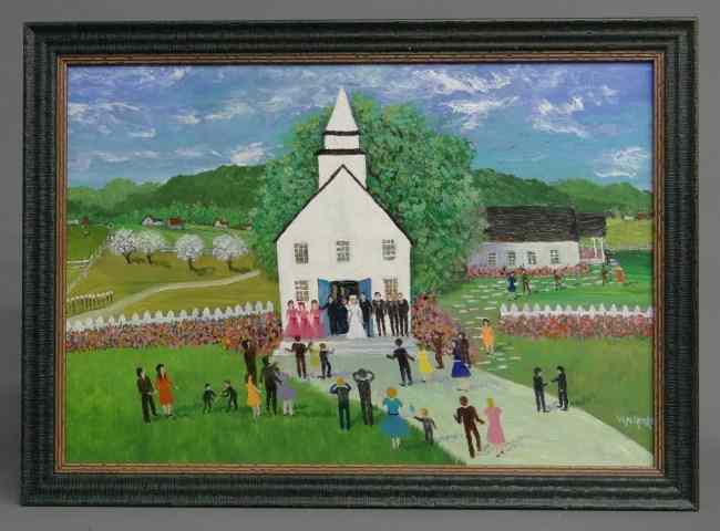 Appraisal: Painting oil on board country wedding signed Van Hook Charlene