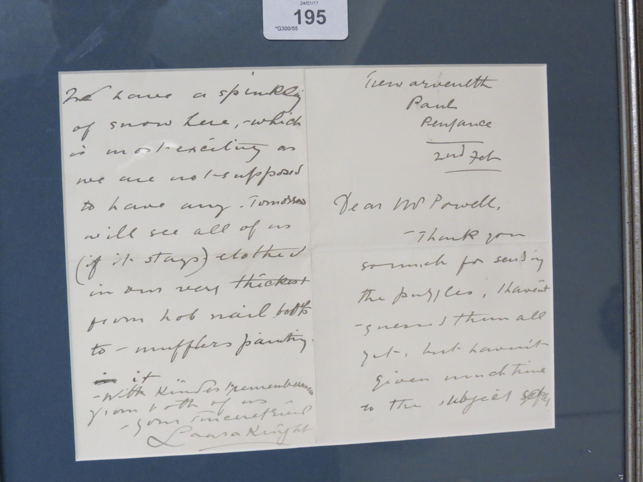 Appraisal: Laura Knight - - hand-written letter from Penzance in which