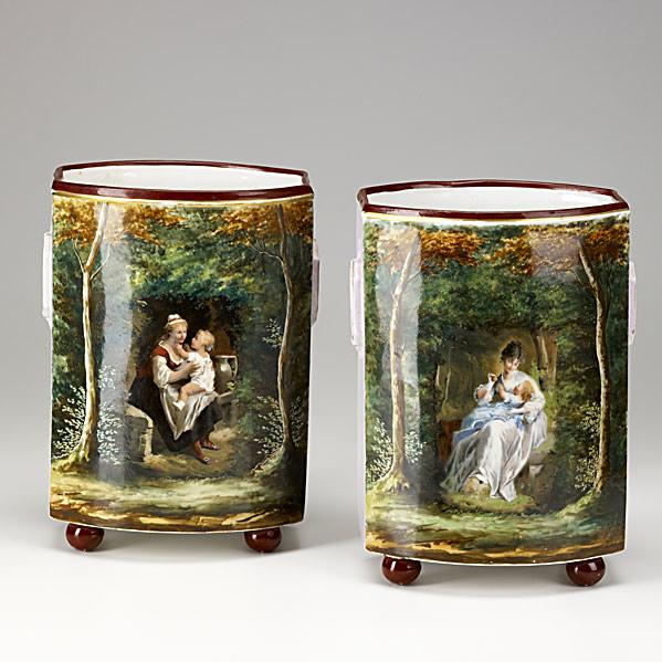 Appraisal: PAIR OF OLD PARIS PORCELAIN VASESHand-painted scenes of women with