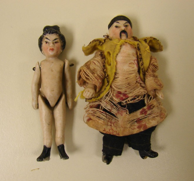 Appraisal: Pair of all bisque wire strung dolls - Asian couple