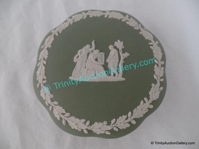 Appraisal: Wedgwood China Celadon Jasperware Candy Box Scalloped candy box with