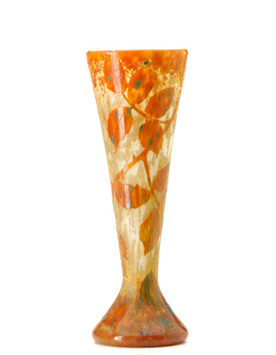 Appraisal: DAUM Etched and enameled vase patterned with beech leaves in