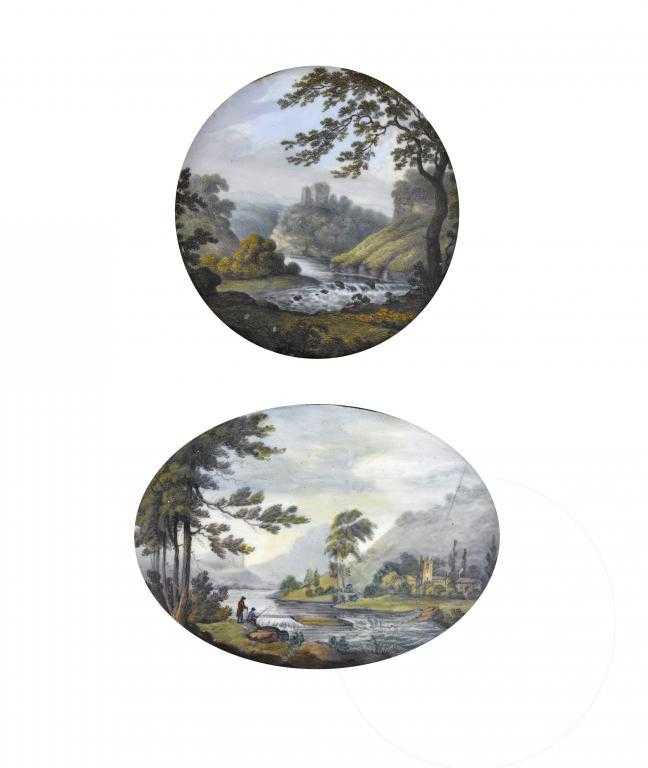 Appraisal: TWO DERBY LANDSCAPE PAINTED PLATE OR DISH-CENTRES with a named